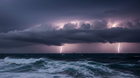 Flashes of lightning pierce through heavy storm clouds, illuminating the rough, choppy waves of the sea below.の素材