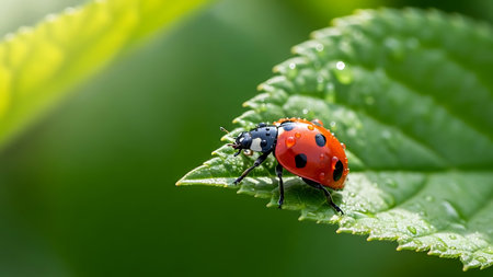 A close-up macro shot of a bright red ladybug with distinct black spots resting on a detailed green leaf.の素材