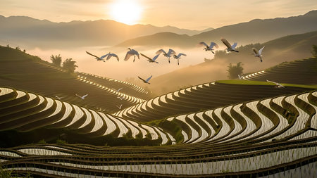 A breathtaking sunrise illuminates rolling hills covered in terraced rice paddies, with a flock of cranes in flight.の素材
