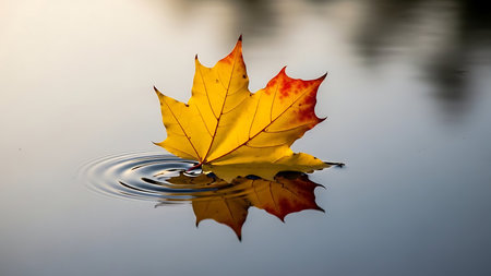 A single, colorful maple leaf rests on the surface of still water, its reflection visible below.の素材