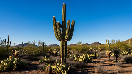 A lone Saguaro cactus dominates a vast desert scene with rolling hills and other arid vegetation under a bright blue sky.の素材