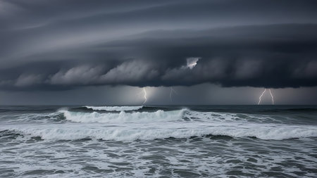 A powerful ocean storm unfolds with lightning illuminating the dark, turbulent sky above a churning sea with white-capped waves.の素材
