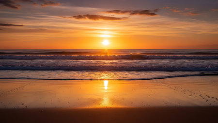 A vibrant sunset casts a warm golden glow over the ocean, with calm waves lapping the shore.の素材