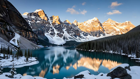 A breathtaking winter landscape featuring snow-covered peaks, a calm turquoise lake, and a vibrant sunrise casting warm light.の素材