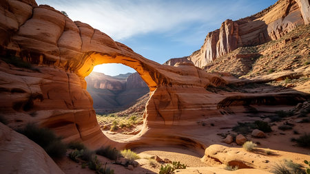 A stunning natural sandstone arch frames a sunlit canyon, showcasing layered rock formations and arid desert vegetation.の素材