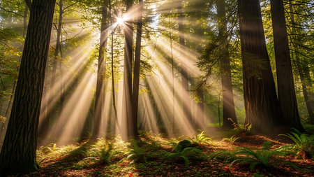 Sunlight streams through tall trees in a vibrant forest, casting dramatic rays and illuminating the forest floor.の素材