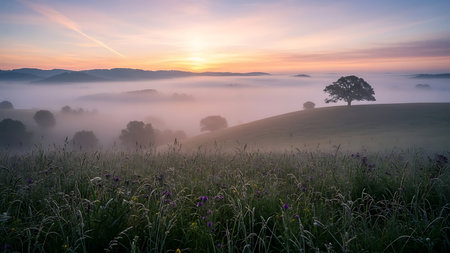 A breathtaking misty sunrise illuminates rolling hills, a lone tree, and vibrant green fields below.の素材