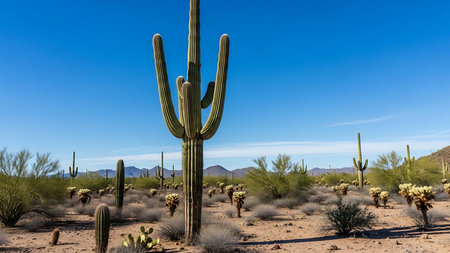 A solitary, iconic Saguaro cactus dominates the foreground of a sun-drenched desert scene under a clear blue sky.の素材