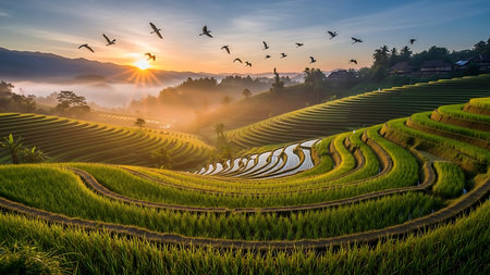 A breathtaking sunrise illuminates vibrant green terraced rice fields, shrouded in mist, as a flock of birds soars across the sky.の素材