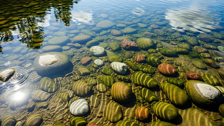 A close-up view of a shallow, clear river showing smooth, colorful stones and aquatic plants beneath the rippling water surface.の素材