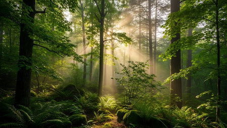Sunbeams pierce the dense green foliage of a vibrant forest, casting a warm glow on the undergrowth and a winding path.の素材
