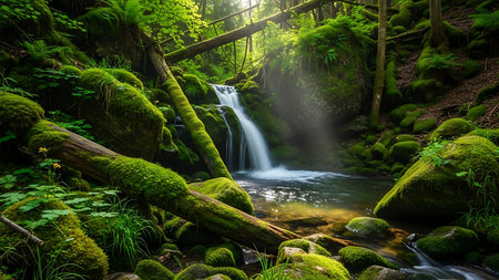 A serene waterfall cascades into a pool within a vibrant, moss-covered forest, illuminated by gentle sunbeams filtering through the trees.の素材