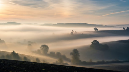 Gentle rolling hills shrouded in soft mist, illuminated by the warm glow of a rising sun.の素材