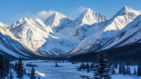 A breathtaking view of snow-capped mountains under a clear blue sky, with a frozen forest in the foreground.の素材