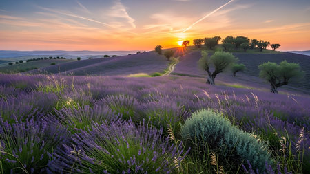 A breathtaking sunset paints the sky with warm hues over a landscape of rolling hills, lavender fields, and scattered trees.の素材