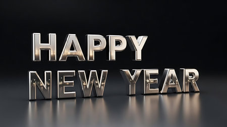 Shiny chrome letters spelling happy new year on a reflective dark surface with a black backgroundの素材