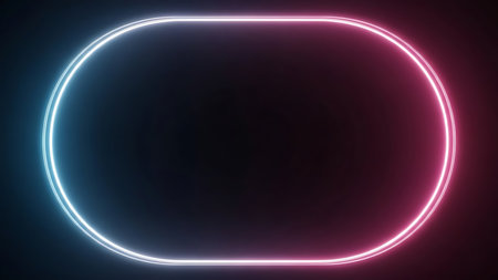 Glowing neon oval frame with pink and blue light against a dark backgroundの素材