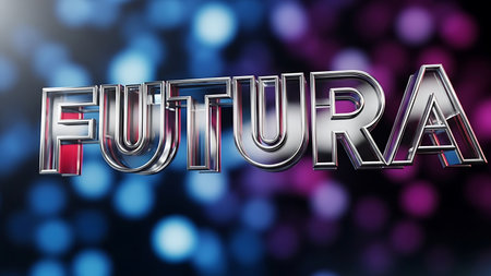 Futura text in chrome with bokeh lights background symbolizing future and technologyの素材