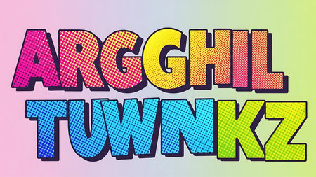 Colorful retro style alphabet letters arcghil and twnkz on a gradient backgroundの素材