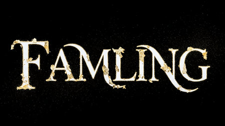 Mysterious and ancient famling text illuminated in gold against a dark black backgroundの素材