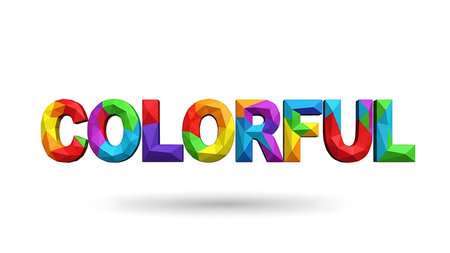 The word colorful written in vibrant rainbow hues with a soft shadow on a white backgroundの素材