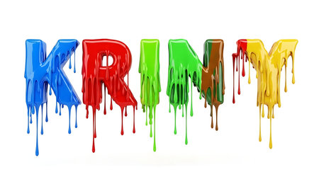 Colorful dripping letters forming the word kriny with vibrant paint against a white backgroundの素材