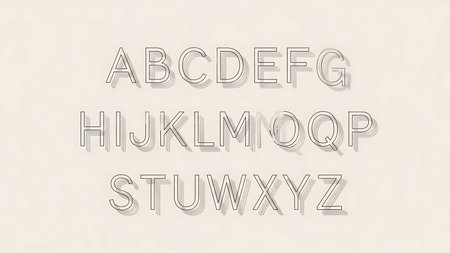 Artistic geometric alphabet letters arranged in rows with shadow effect on beige backgroundの素材