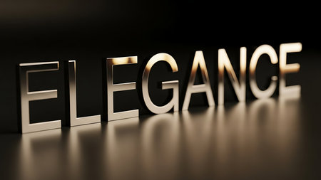 Shiny metallic letters spelling elegance displayed on a reflective surface with dramatic lightingの素材