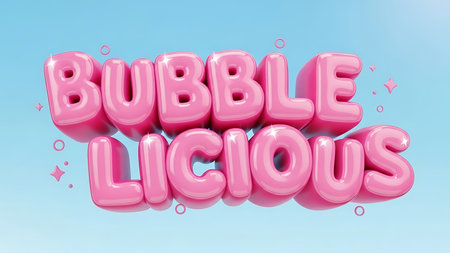 Glossy pink bubble letters spell out bubblicious against a soft blue gradient backgroundの素材
