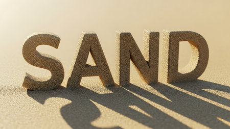 Wooden letters spelling the word sand cast a long shadow on a sandy beachの素材