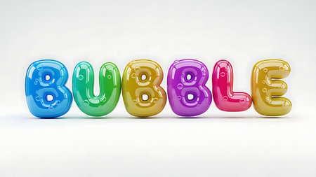 Colorful inflatable letter balloons spelling out the word bubble against a white backgroundの素材