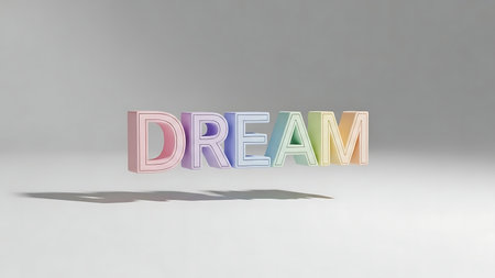 Soft pastel colored 3d letters spelling out the word dream floating above a surfaceの素材