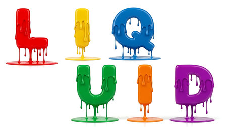 Vibrant liquid letters forming the word liquid dripping paint against a white backgroundの素材
