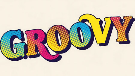 Vibrant retro groovy text design with colorful gradient letters and a vintage feelの素材