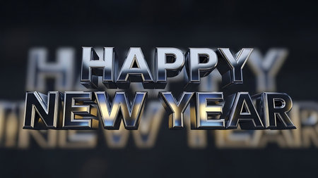 Shiny metallic happy new year text with reflections on dark backgroundの素材