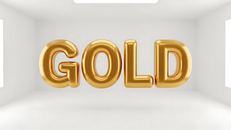 Shiny gold foil balloons spelling out the word gold floating in a bright white roomの素材
