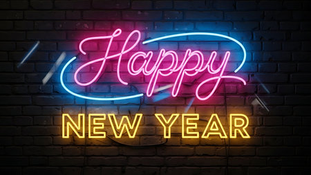 Bright neon sign illuminates brick wall with happy new year message in vibrant colorsの素材
