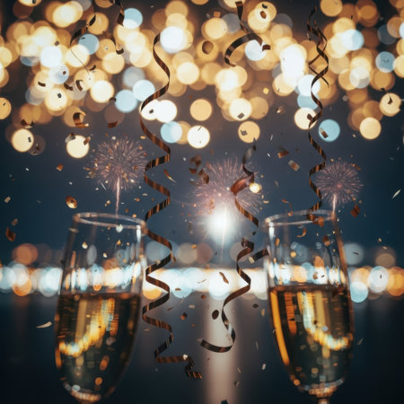 champagne, glasses, toast, celebration, lights, confetti, streamers, fireworks, festive, joyful, holiday, occasion, bubbly, decor, background, sparklingの素材