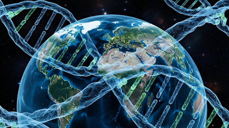 Planet earth and DNA strands. 3D illustration. Elements of this image furnished by NASAの素材