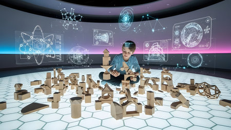 Little boy reading a book while sitting on the floor surrounded by virtual iconsの素材