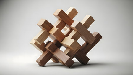 3d rendering of geometric shape made of wooden blocks on white backgroundの素材