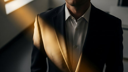 Close up of a businessman in a suit standing in an office.の素材