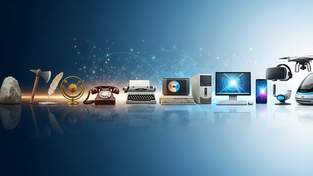 Digital composite of Technology icons against blue background with vignette effectの素材