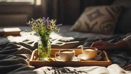 Coffee cup and flowers on tray on bed in the morningの素材