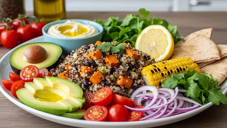 Tabbouleh salad with quinoa, avocado, tomatoes, onion and hummusの素材