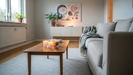 Interior of modern living room with sofa, coffee table and paintingの素材