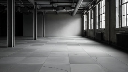 3d rendering of an empty room with floor tiles and large windowsの素材