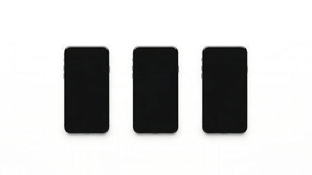 Black smartphone with blank screen isolated on white background. Top view.の素材