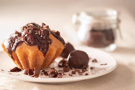 Cupcake drizzled with chocolate, chocolate candies, chocolate chips. Dessert for lovers of sweets homemadeの写真素材