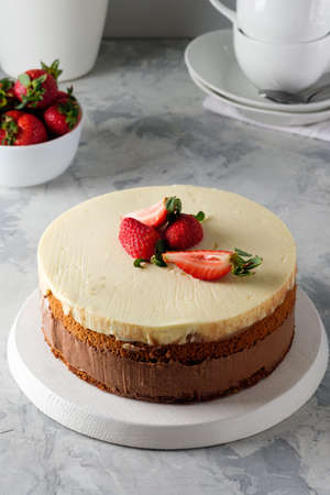 Home made cake with chocolate icingの写真素材